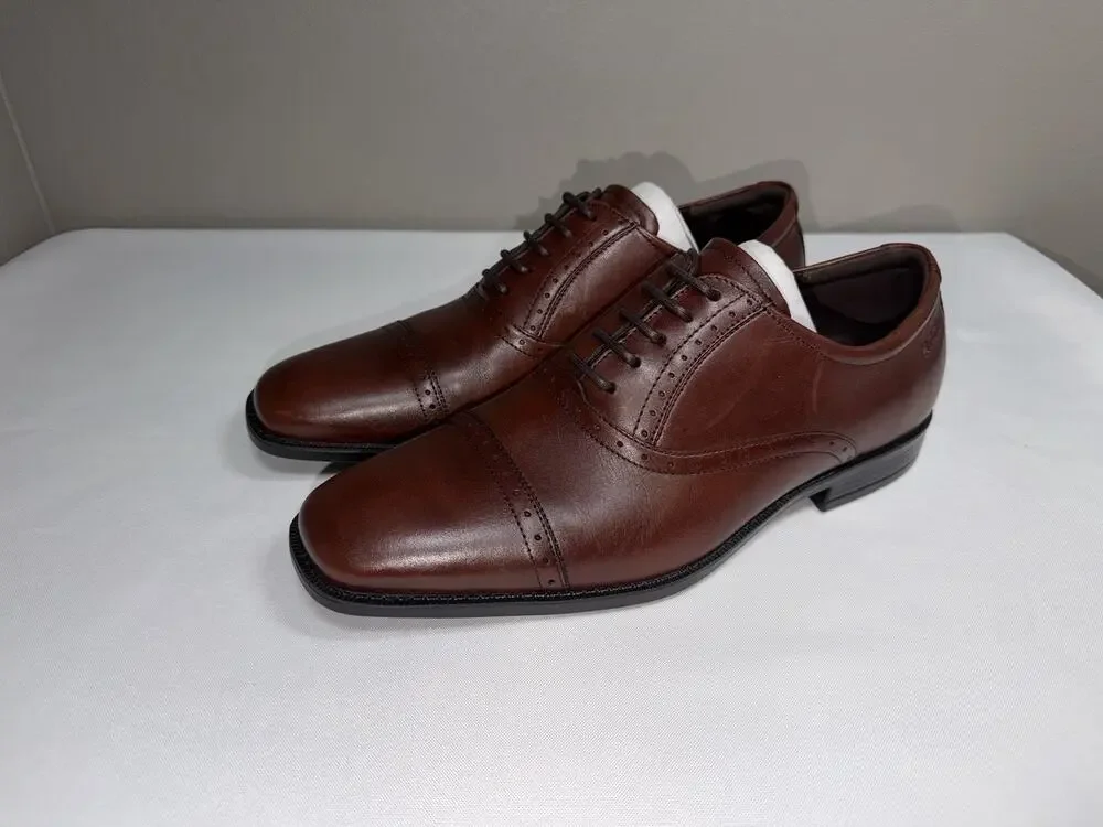 NWOT Ecco Men’s 8.5 Brown Leather Cap Toe Semi Brogue Oxford Lace Up Dress Shoes